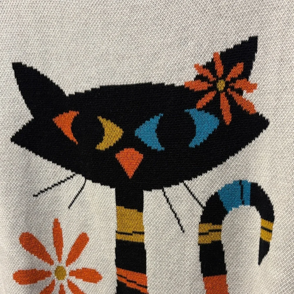Whimsical Oxyknit Cat Graphic Sweater with Orange Trim L